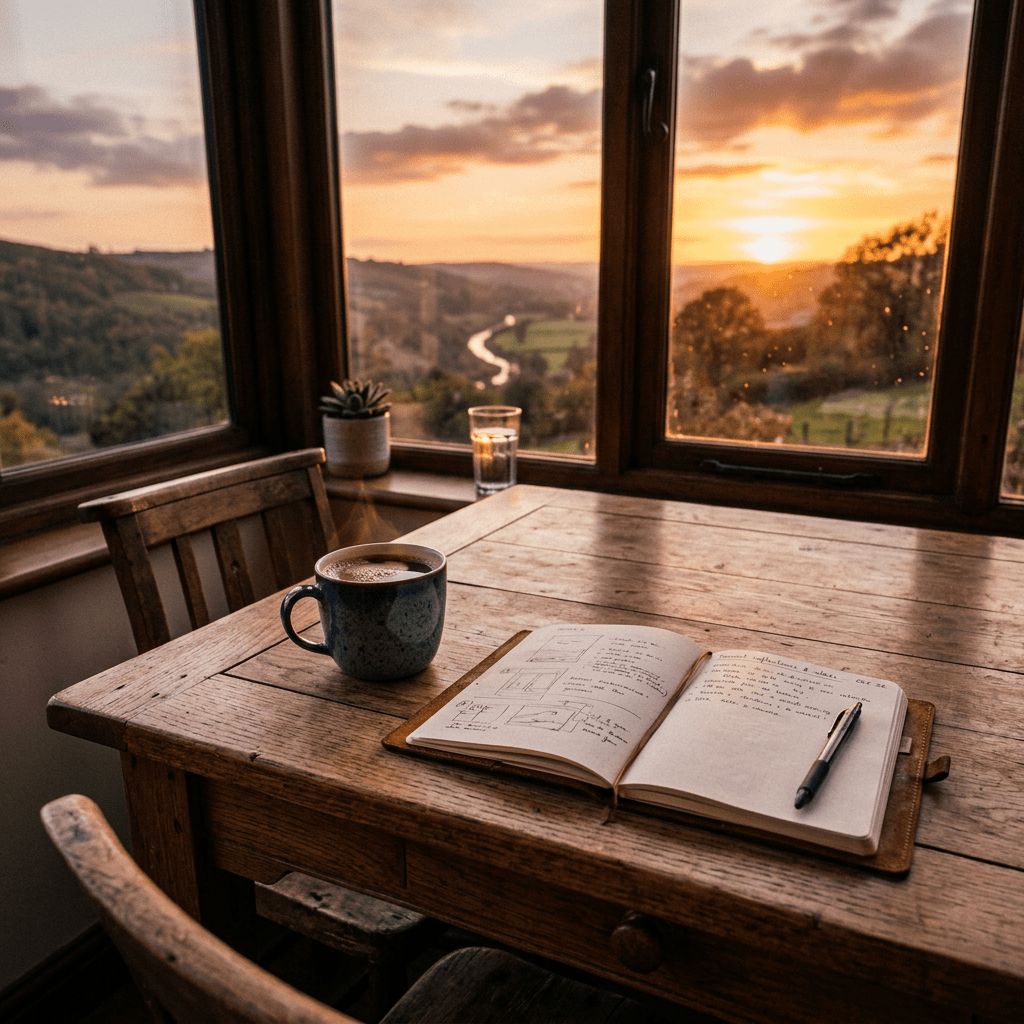 Wooden table with open notebook, pen, coffee cup, and window view at sunset