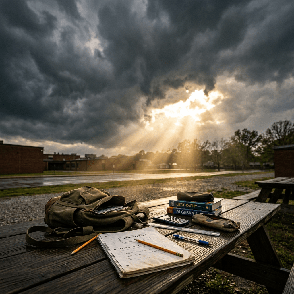 School backpack, books, calculator, and notebooks on a wooden picnic table outside under dramatic cloudy sky with sun rays