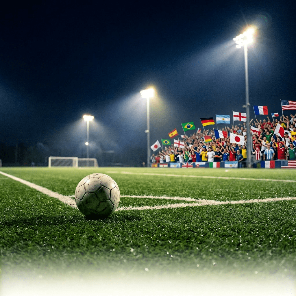 Soccer ball on grass field corner at night with illuminated floodlights
