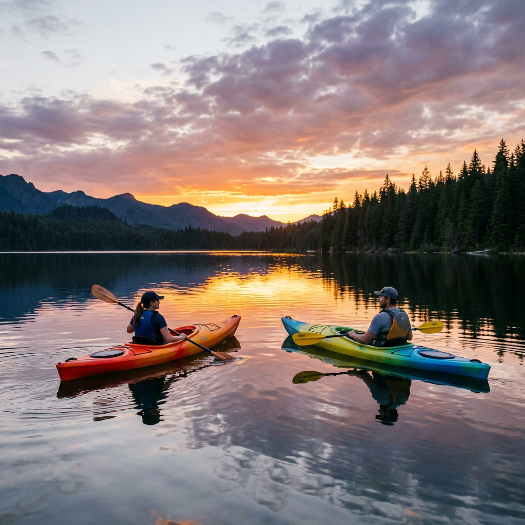 Two kayakers paddling on a peaceful lake at sunset surrounded by mountains and trees