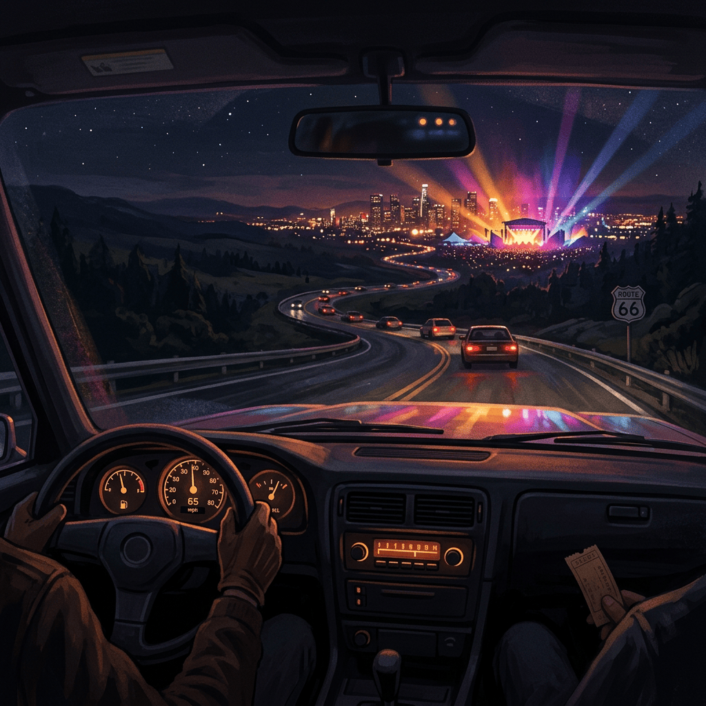 Driver’s view of a winding highway toward a lit concert venue and city skyline
